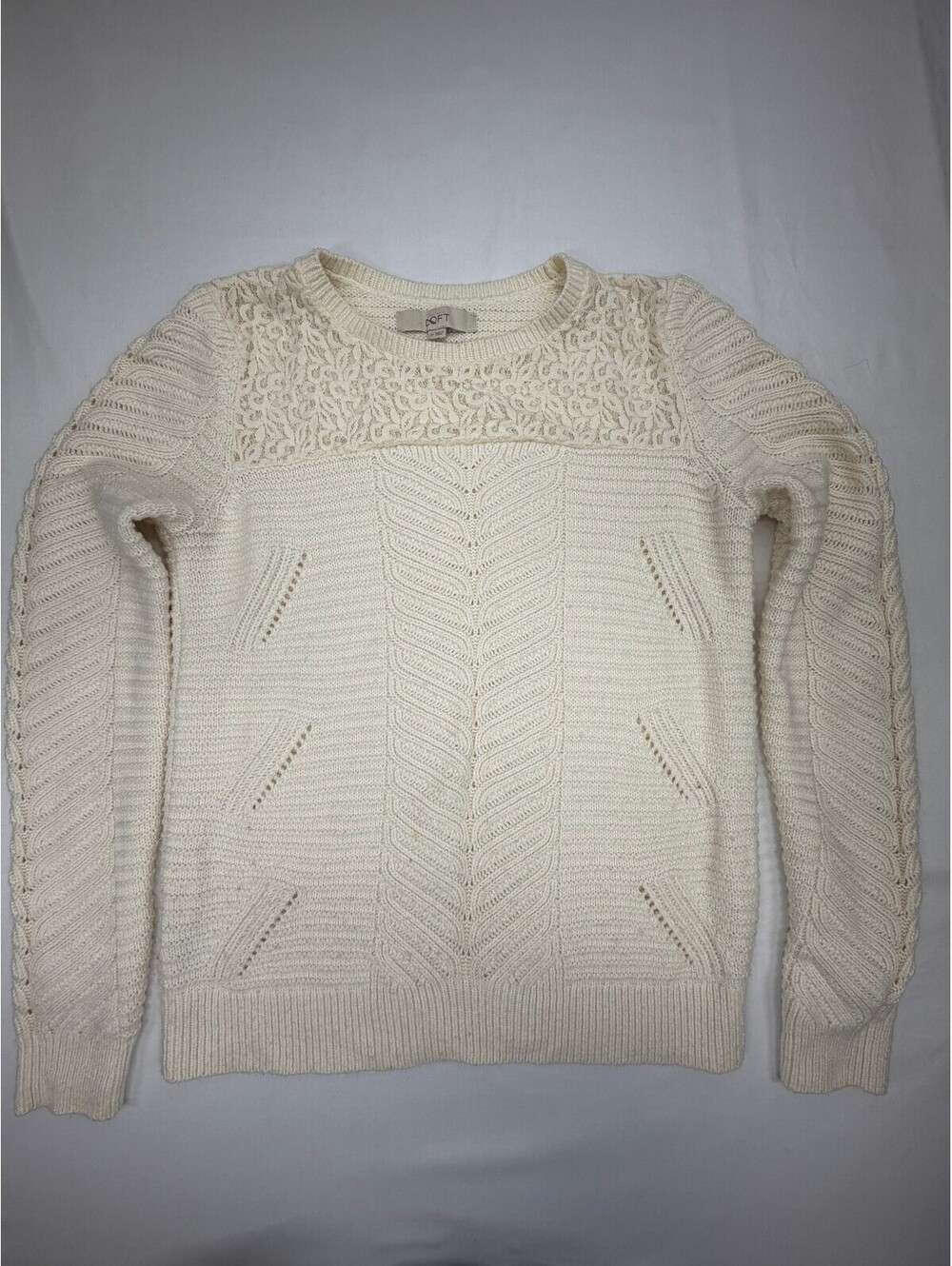 Loft Women's Sweater Pullover Crew Neck Long Sleeve Lace Trim Size Medium Beige